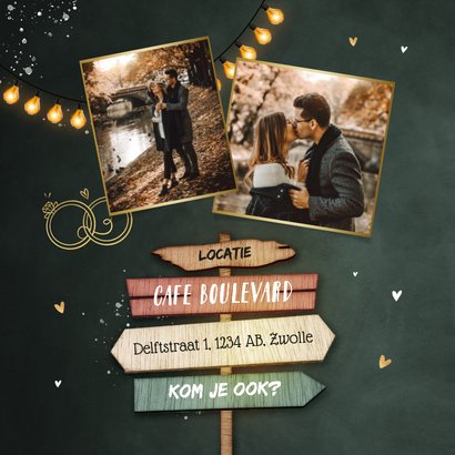 Trouwkaart festival wegwijzers hout liefde hartjes krijtbord 2