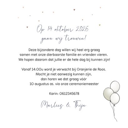 Trouwkaart fiets met bruidspaar hartjes 3