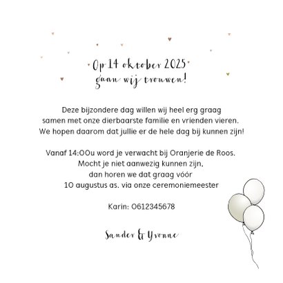 Trouwkaart fiets met bruidspaar hartjes 3