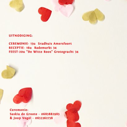 Trouwkaart foto confetti hartjes 2