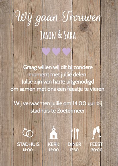 Trouwkaart foto hout look hartjes paars 3