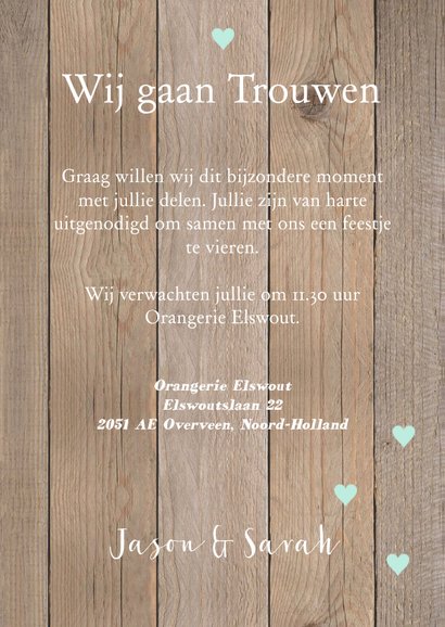 Trouwkaart foto houtlook hartjes mintgroen 3