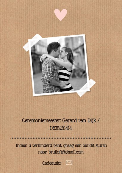 Trouwkaart foto kraft hartje typografie 2