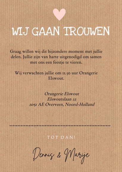 Trouwkaart foto kraft hartje typografie 3