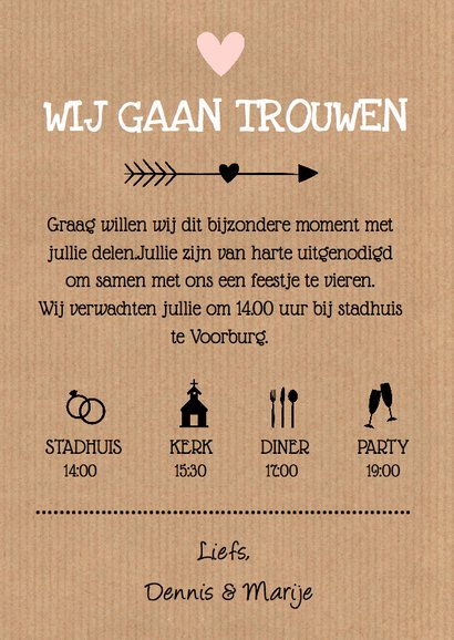 Trouwkaart foto kraft hartje typografie 3