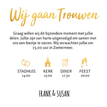 Trouwkaart fotocollage goud hartjes 3