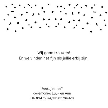 Trouwkaart fotocollage zwart confetti mr&mrs goud 2