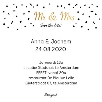 Trouwkaart fotocollage zwart confetti mr&mrs goud 3
