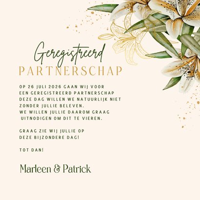 Trouwkaart geregistreerd partnerschap witte lelies goudfolie 3