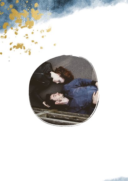 Trouwkaart gouden spetters blauwe waterverf 2