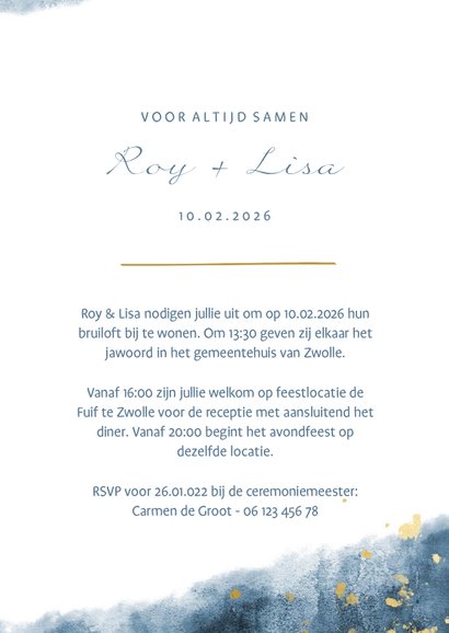 Trouwkaart gouden spetters blauwe waterverf 3