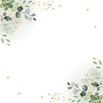 Trouwkaart groen botanisch groen blaadjes goudlook Achterkant