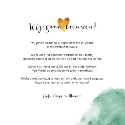 Trouwkaart handgeschilderde blaadjes en gouden hartjes 3