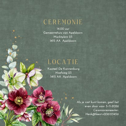 Trouwkaart helleborus bloemen op groen fluweel 2