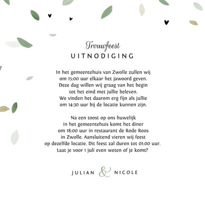 Trouwkaart hip blaadjes eco stijlvol typografisch groen 3