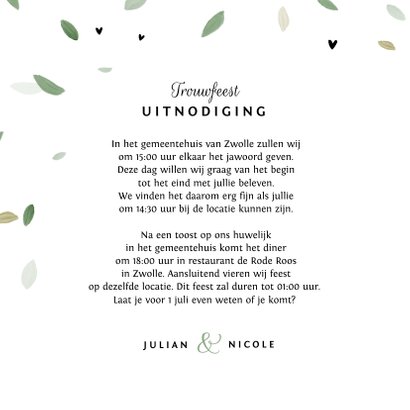 Trouwkaart hip blaadjes eco stijlvol typografisch groen 3