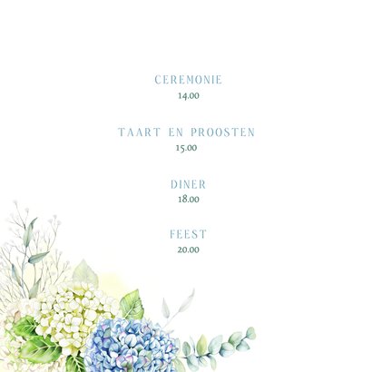 Trouwkaart hortensia's in blauw en wit 2