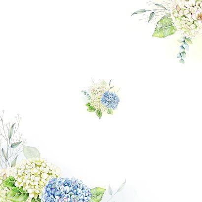 Trouwkaart hortensia's in blauw en wit Achterkant