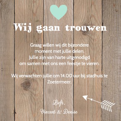 Trouwkaart hout hartje mint 3