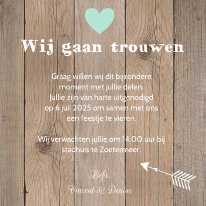 Trouwkaart hout hartje mint 3