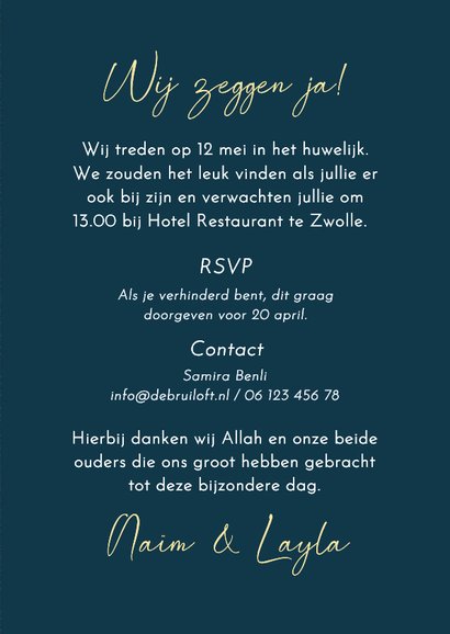 Trouwkaart Islamitisch patroon donkerblauw met maan ster 3