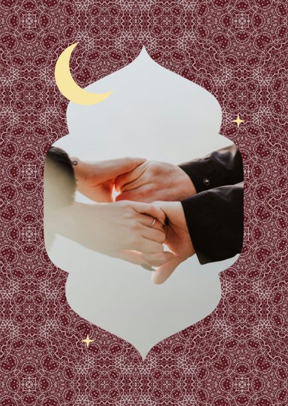 Trouwkaart Islamitisch patroon donkerrood roze maan ster 2