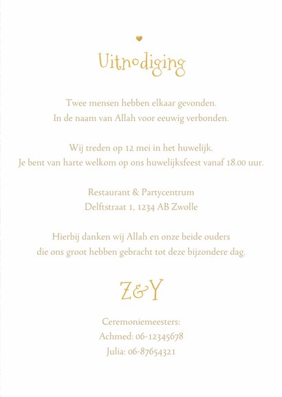 Trouwkaart Islamitisch patroon goud hartjes stijlvol 3