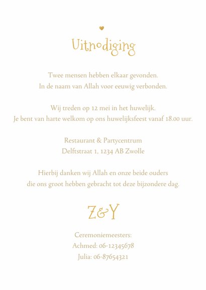 Trouwkaart Islamitisch patroon goud hartjes stijlvol 3