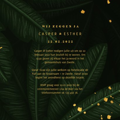 Trouwkaart jungle bladeren met gouden 'wedding' 3