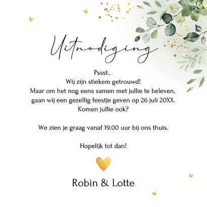Trouwkaart just married botanisch groen blaadjes goudlook 3