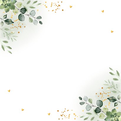 Trouwkaart just married botanisch groen blaadjes goudlook Achterkant
