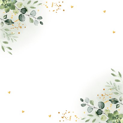 Trouwkaart just married botanisch groen blaadjes goudlook Achterkant