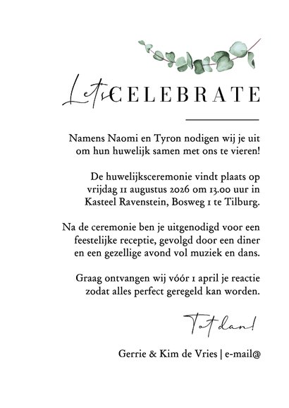 Trouwkaart klassiek eucalyptus stijlvol typografisch 3