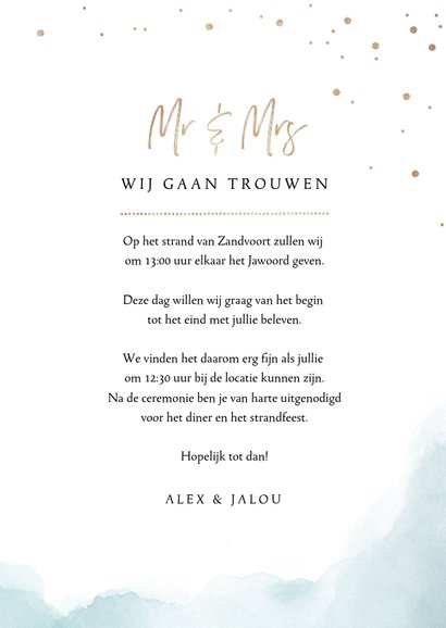 Trouwkaart klassiek goud waterverf strand schelp 3