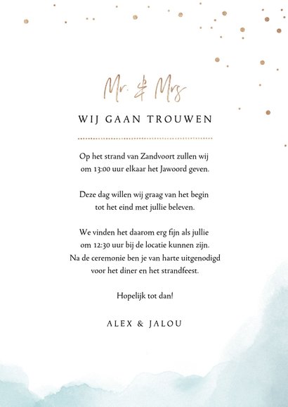 Trouwkaart klassiek goud waterverf strand schelp 3