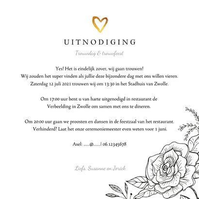 Trouwkaart klassiek met bloemen, goud en eigen foto 3