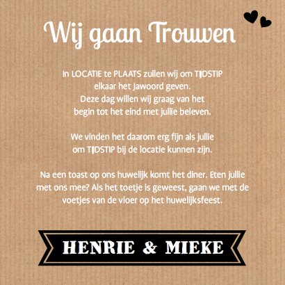 Trouwkaart kraft foto hartjes 3