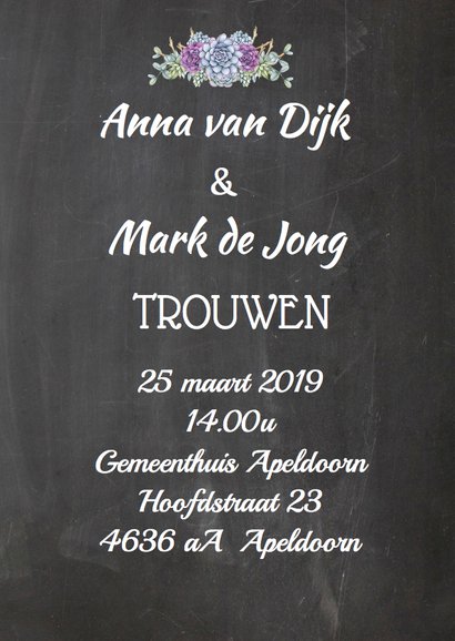 Trouwkaart krijtbord vetplanten 2