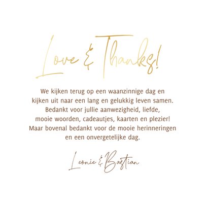 Trouwkaart love and thanks hout goud foto hartjes 3