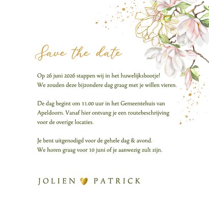 Trouwkaart magnoliatakken met goudfolie 3