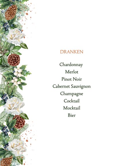 Trouwkaart menu krans witte rozen met kersttakken 2