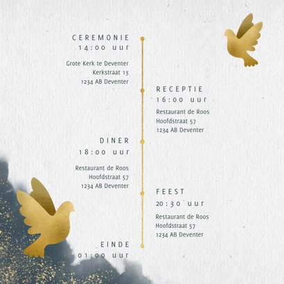 Trouwkaart met blauwe waterverf, gouden duiven en typografie 2