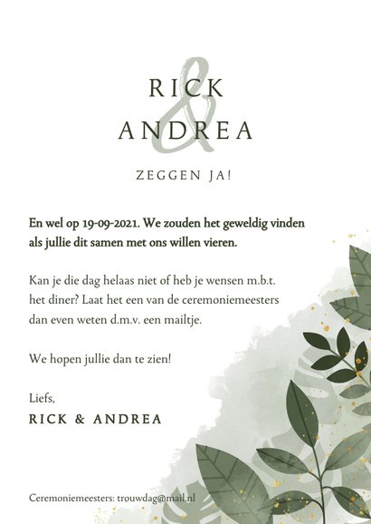 Trouwkaart met foto, botanische print en waterverf 3