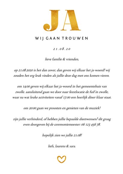Trouwkaart met foto en gouden accenten staand 3