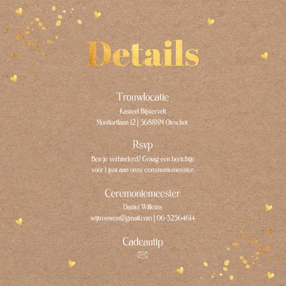 Trouwkaart met foto kraft goud hartjes 2