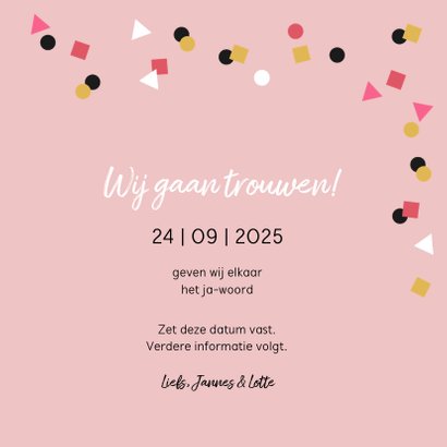 Trouwkaart met hippe confetti in goud 3