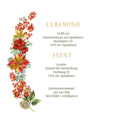 Trouwkaart met kerstrozen en euqalyptus en echte folie 2