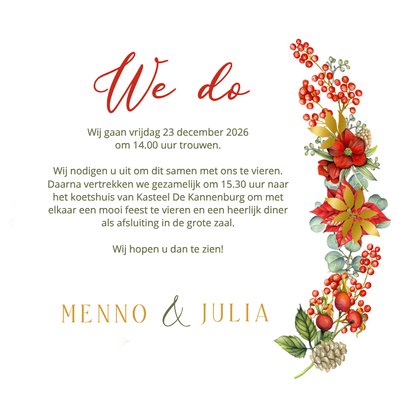 Trouwkaart met kerstrozen en euqalyptus en echte folie 3