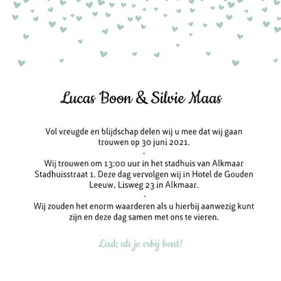 Trouwkaart met mintgroene hartjesconfetti 3