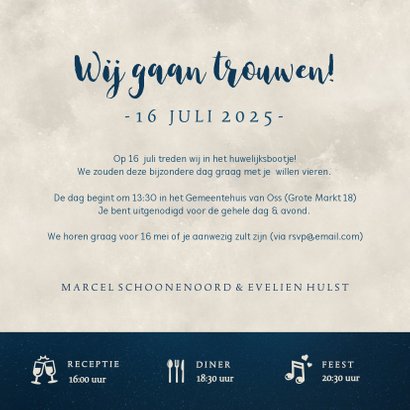 Trouwkaart met silhouet van een bruidspaar in volle maan 3